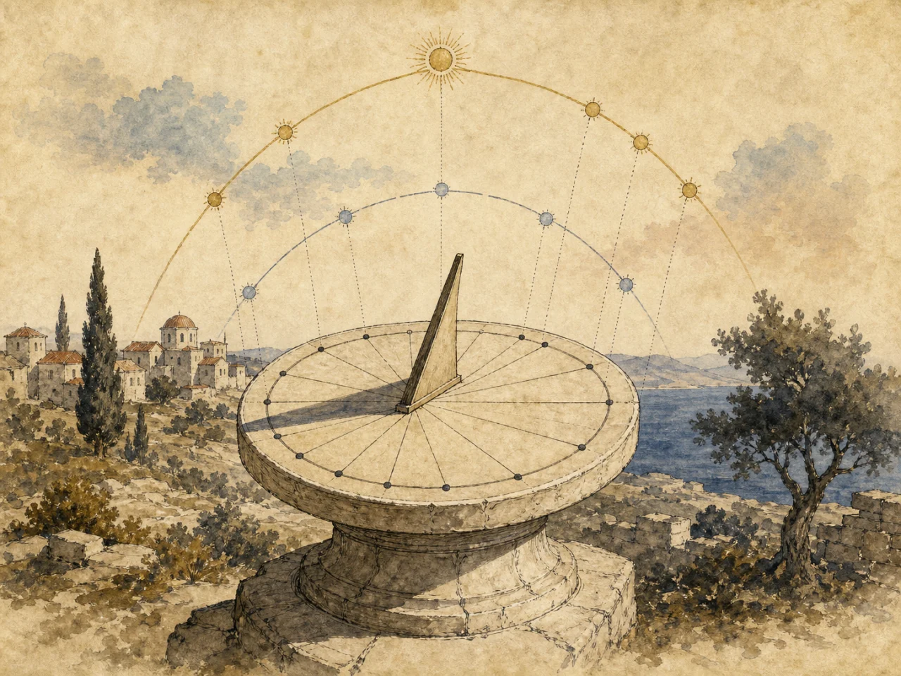Étude à l’encre et au lavis d’un cadran solaire saisonnier