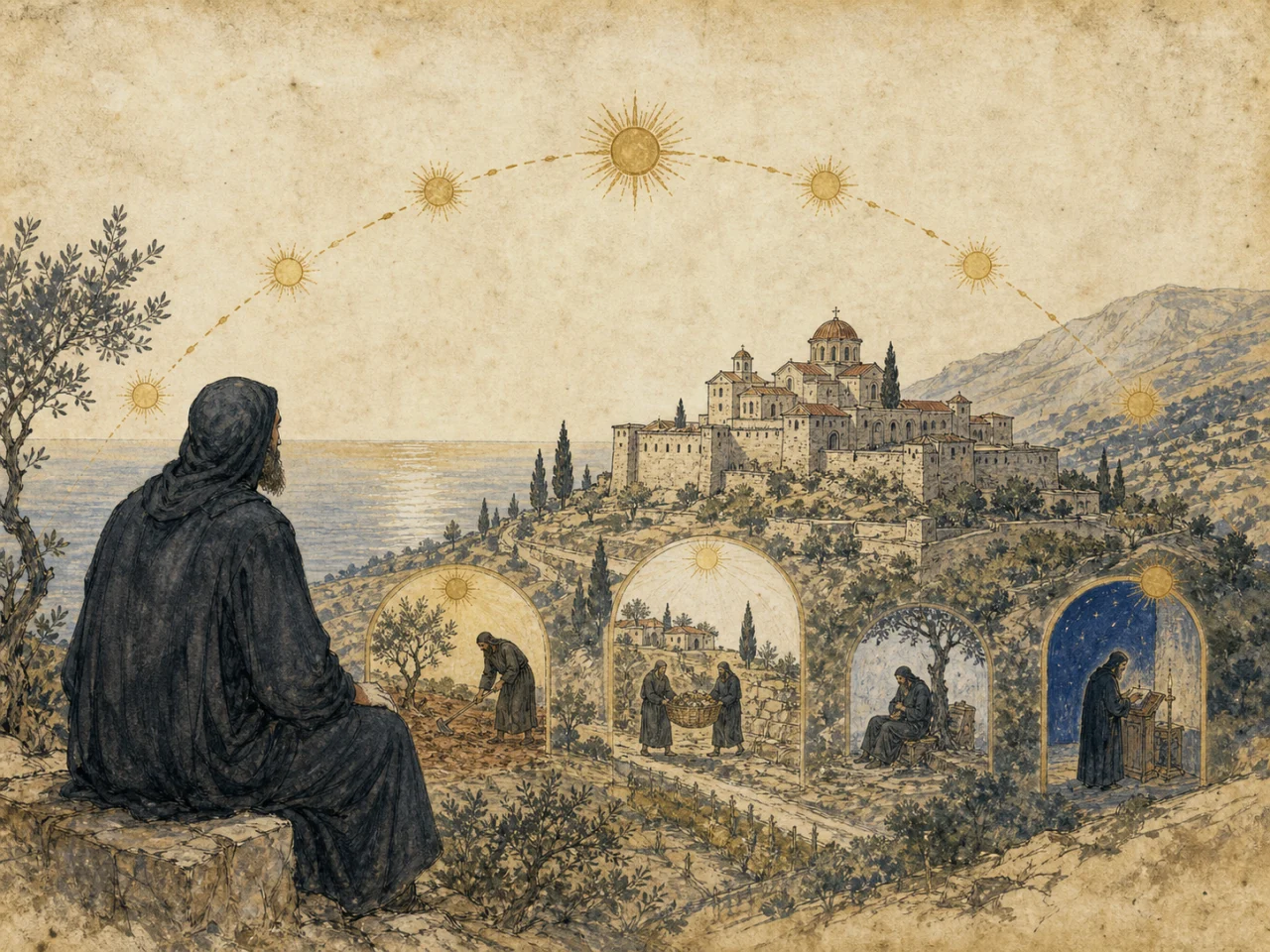 Moine orthodoxe observant la course solaire au-dessus d’un monastère byzantin
