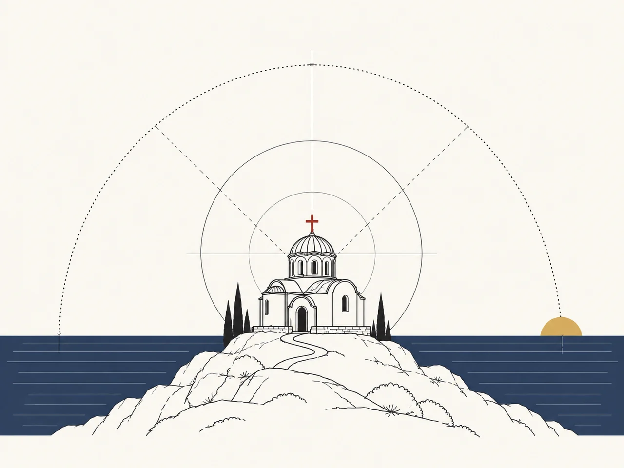 Église byzantine sur un promontoire et course du soleil jusqu’à son coucher sur la mer