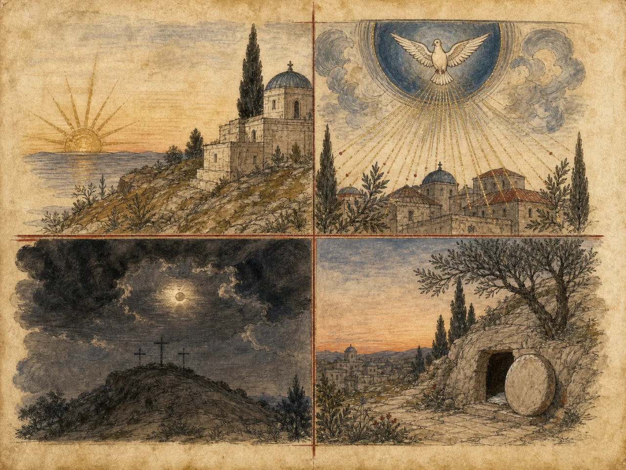 Quatre scènes chrétiennes symbolisant les Première, Troisième, Sixième et Neuvième Heures