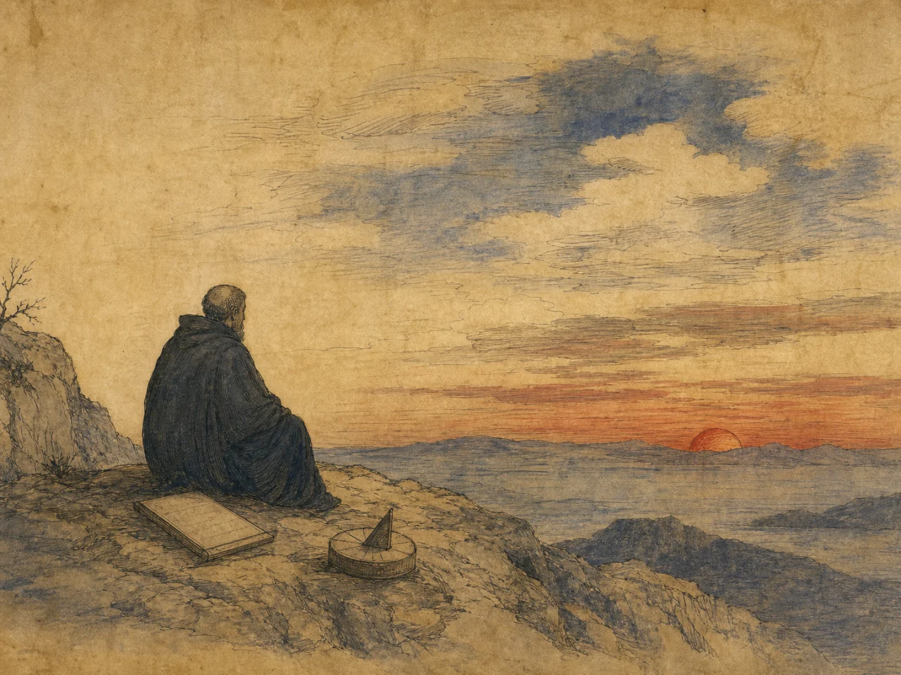 Moine observant le ciel et les limites de l’horizon dans un paysage byzantin
