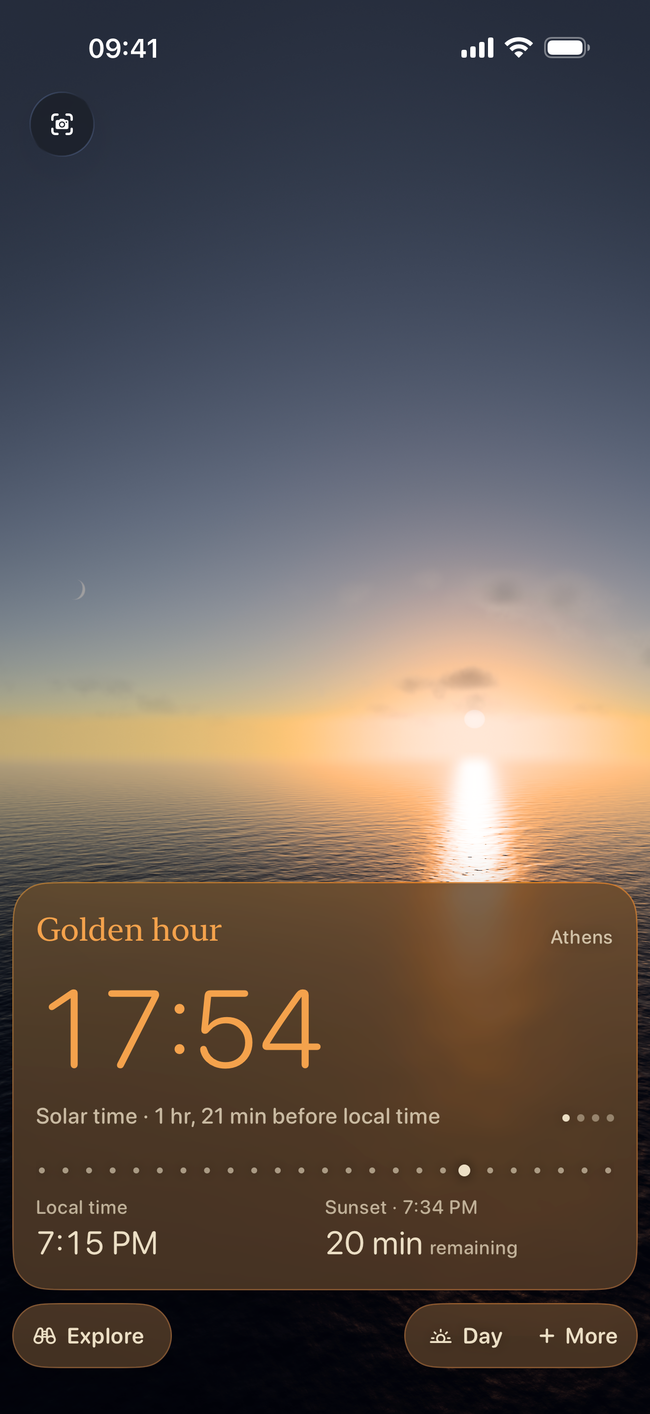 SOLAR in Athens near sunset, showing Solar Time, Local Time and the next sunset.