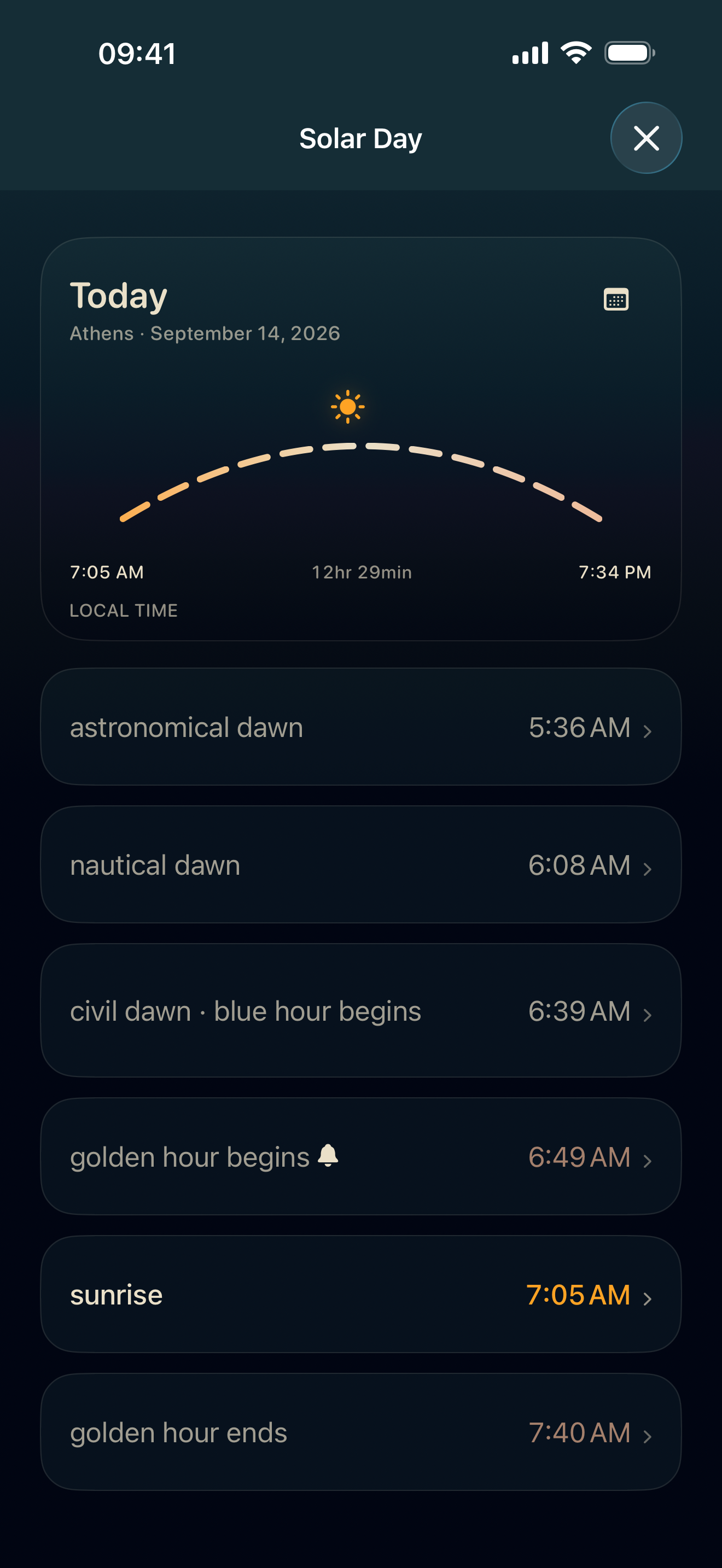 SOLAR's current Solar Day screen with the daylight arc and event times.