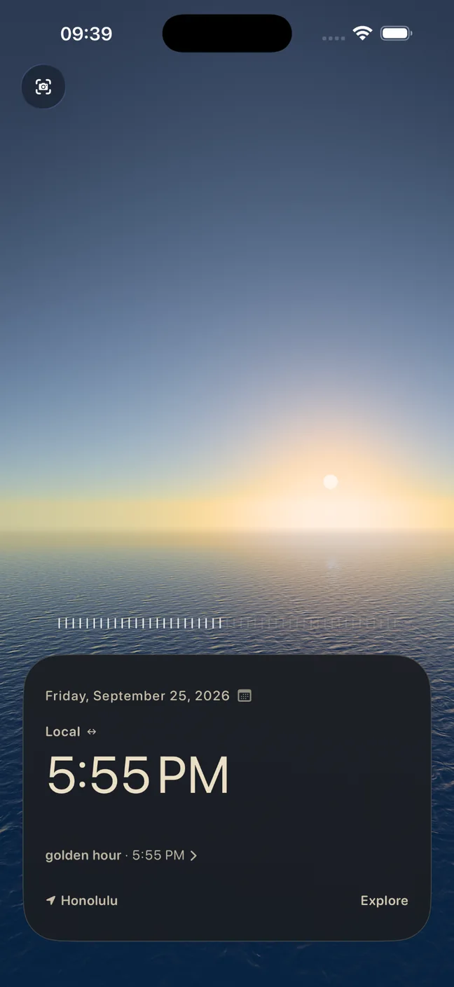 SOLAR in Honolulu at 5:55 PM, with golden light over the sea and the Local Time reading.