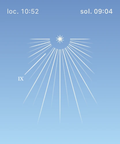 SOLAR's blue solar dial with Sun rays and solar and local readings.